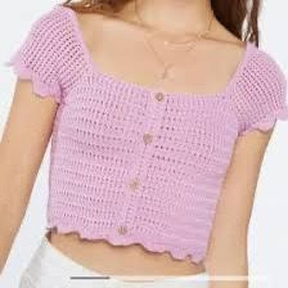 Pink Crochet Crop Top Button Front Sz Large Forever 21 Lavender Boho Cottagecore - Picture 2 of 6